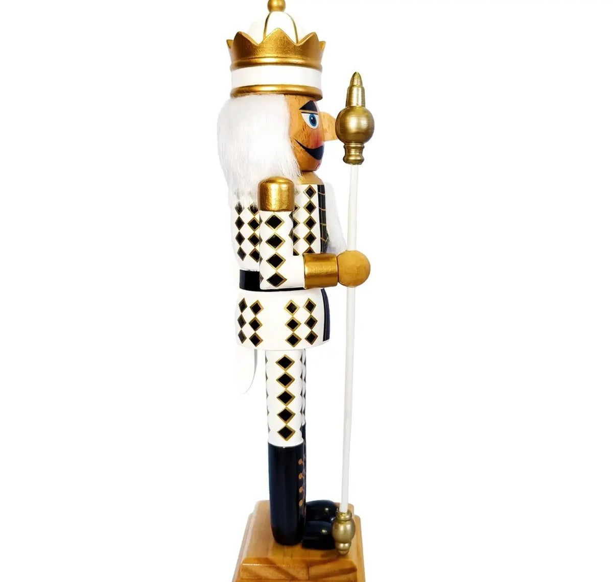 Crowned Harlequin Nutcracker Figure, gold and black, wooden Christmas decor