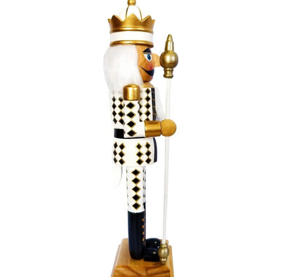 Crowned Harlequin Nutcracker Figure, gold and black, wooden Christmas decor