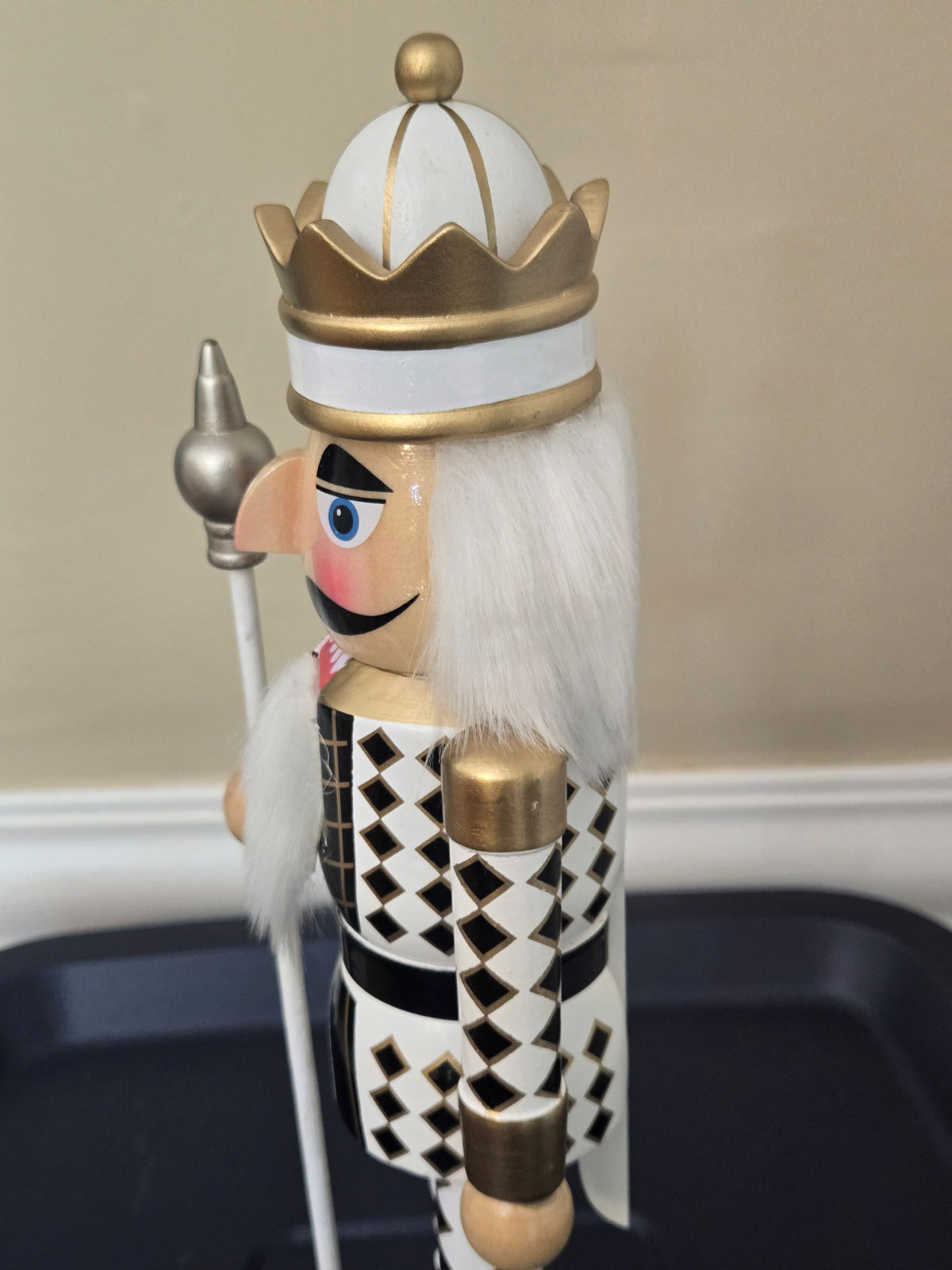 Crowned Harlequin Nutcracker Figure, gold and black, wooden Christmas decor