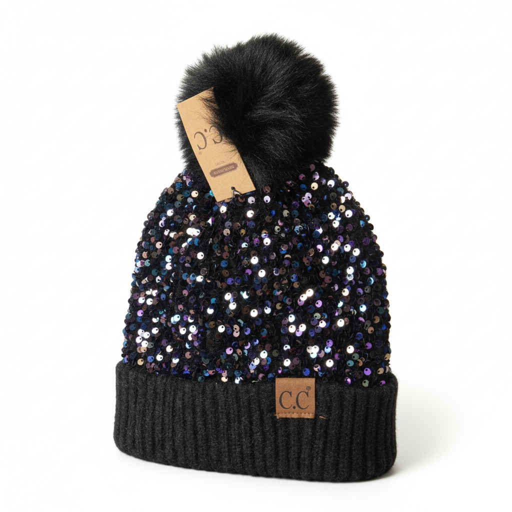 Glitter Sequin Pom Pom Beanie (One Size) — Cuffed Winter Hat | Red, Pink, White, Black, Gold, Purple