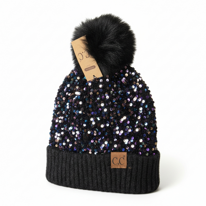 Glitter Sequin Pom Pom Beanie (One Size) — Cuffed Winter Hat | Red, Pink, White, Black, Gold, Purple