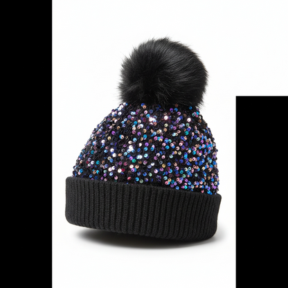 Glitter Sequin Pom Pom Beanie (One Size) — Cuffed Winter Hat | Red, Pink, White, Black, Gold, Purple