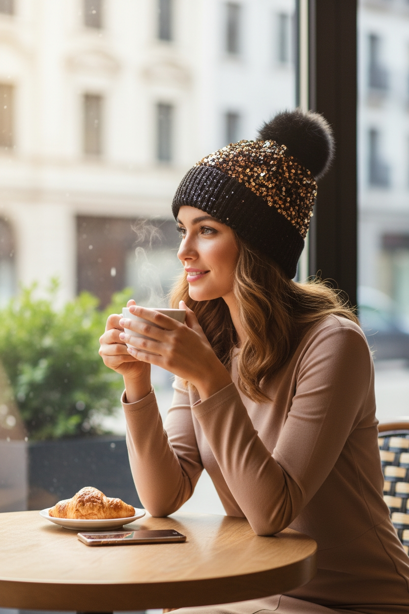 Glitter Sequin Pom Pom Beanie (One Size) — Cuffed Winter Hat | Red, Pink, White, Black, Gold, Purple