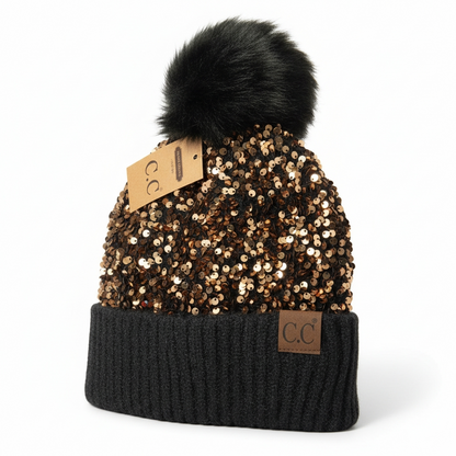 Glitter Sequin Pom Pom Beanie (One Size) — Cuffed Winter Hat | Red, Pink, White, Black, Gold, Purple