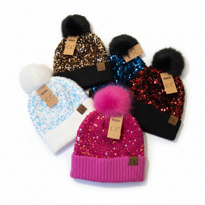 Glitter Sequin Pom Pom Beanie (One Size) — Cuffed Winter Hat | Red, Pink, White, Black, Gold, Purple