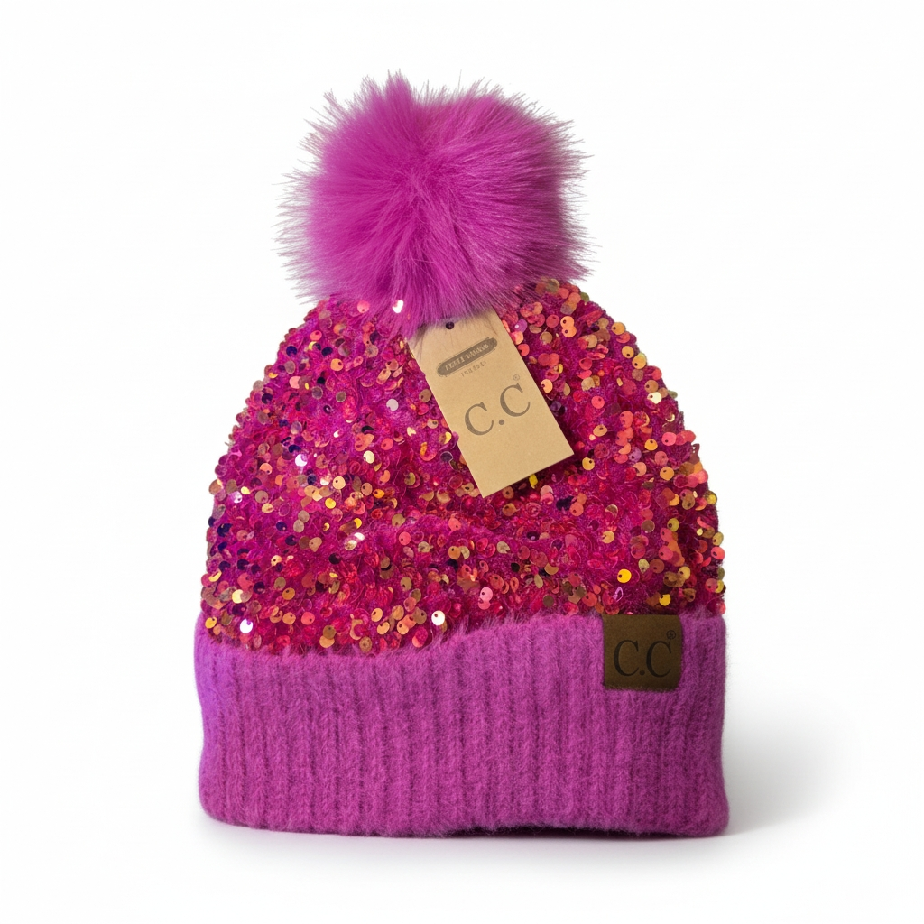 Glitter Sequin Pom Pom Beanie (One Size) — Cuffed Winter Hat | Red, Pink, White, Black, Gold, Purple