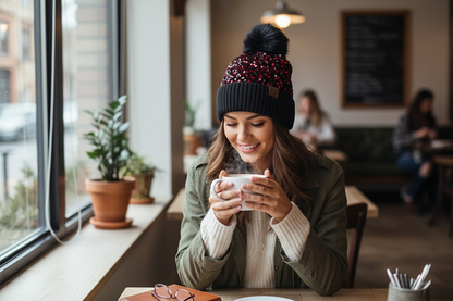 Glitter Sequin Pom Pom Beanie (One Size) — Cuffed Winter Hat | Red, Pink, White, Black, Gold, Purple