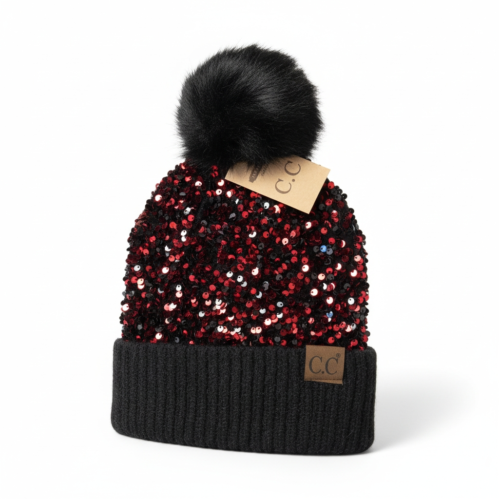 Glitter Sequin Pom Pom Beanie (One Size) — Cuffed Winter Hat | Red, Pink, White, Black, Gold, Purple