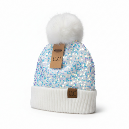 Glitter Sequin Pom Pom Beanie (One Size) — Cuffed Winter Hat | Red, Pink, White, Black, Gold, Purple