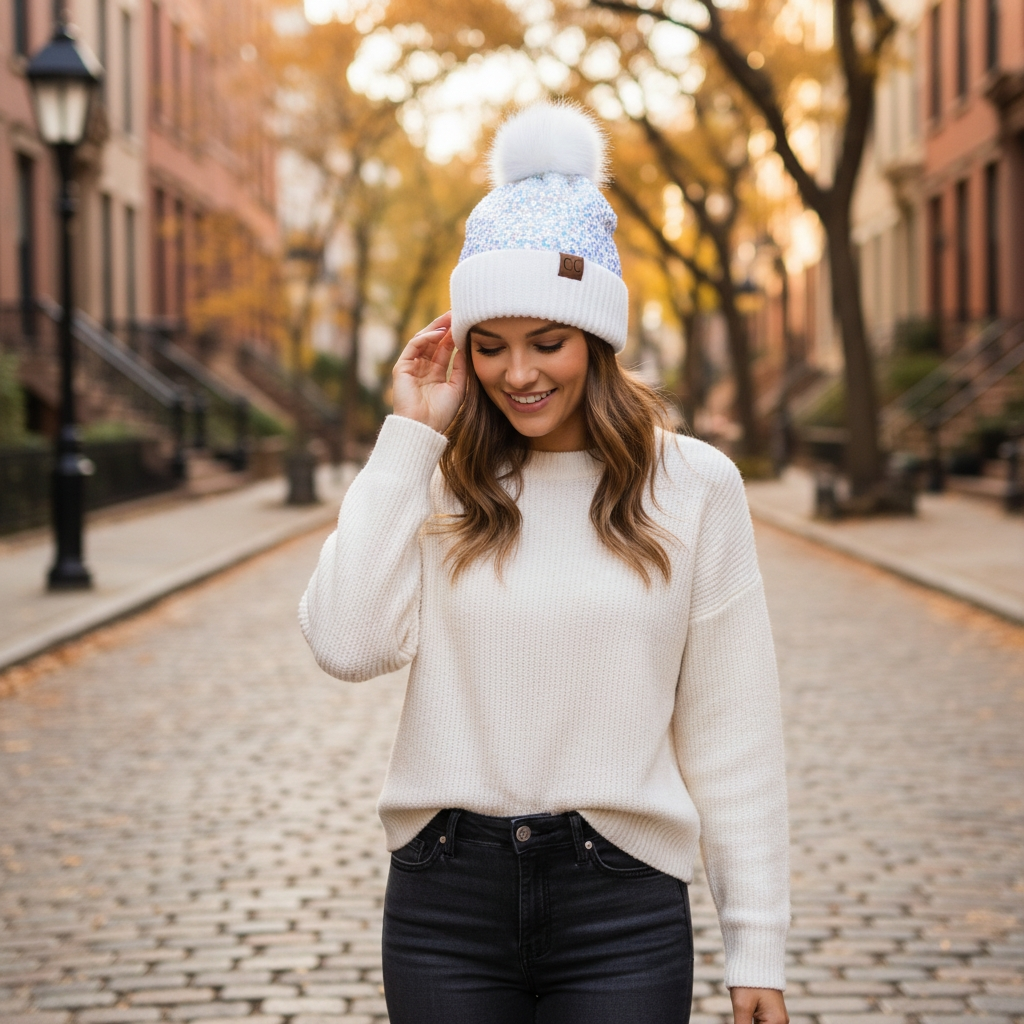 Glitter Sequin Pom Pom Beanie (One Size) — Cuffed Winter Hat | Red, Pink, White, Black, Gold, Purple