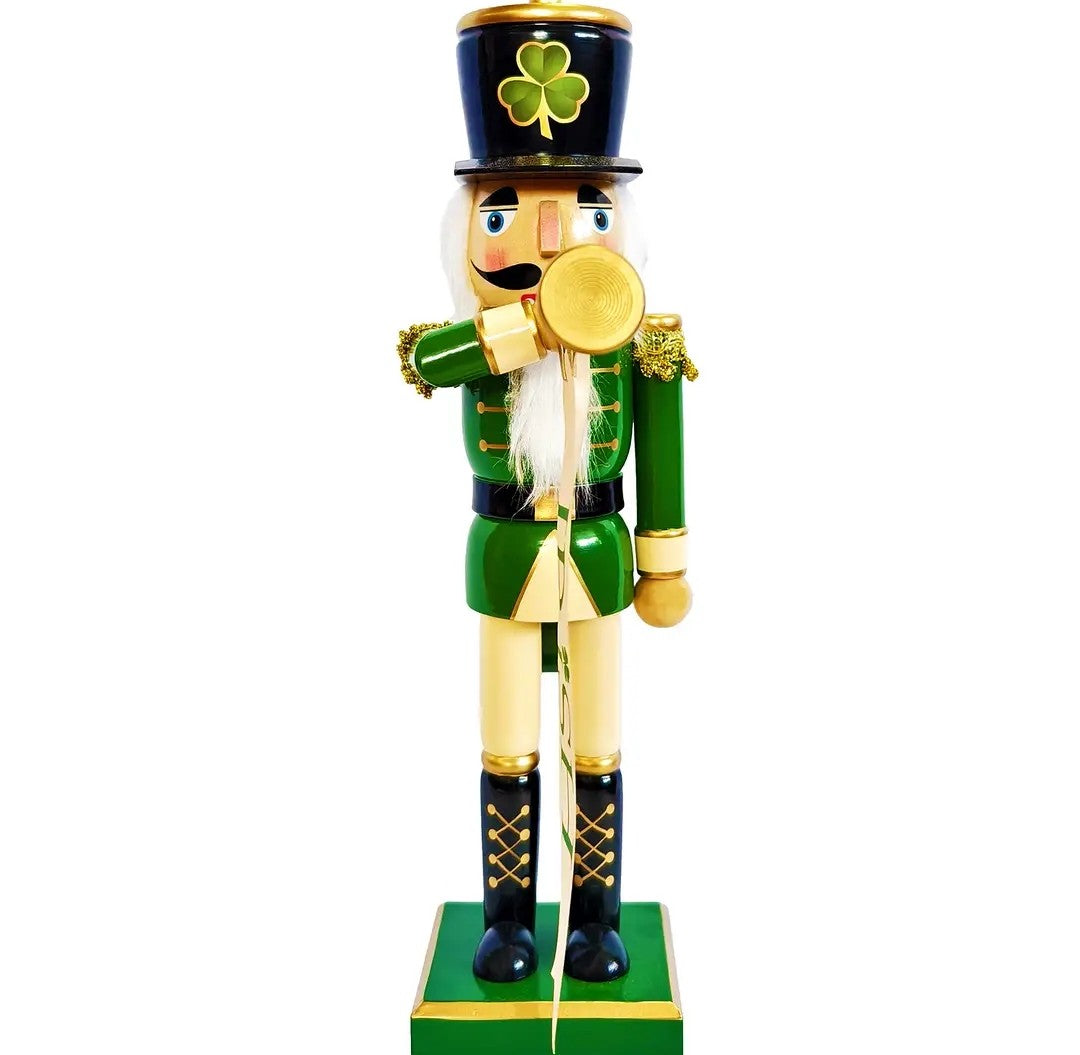 14 Inch Irish Pride Nutcracker Soldier Statue, Shamrock Top Hat, Bugle Player, Mantel Accent