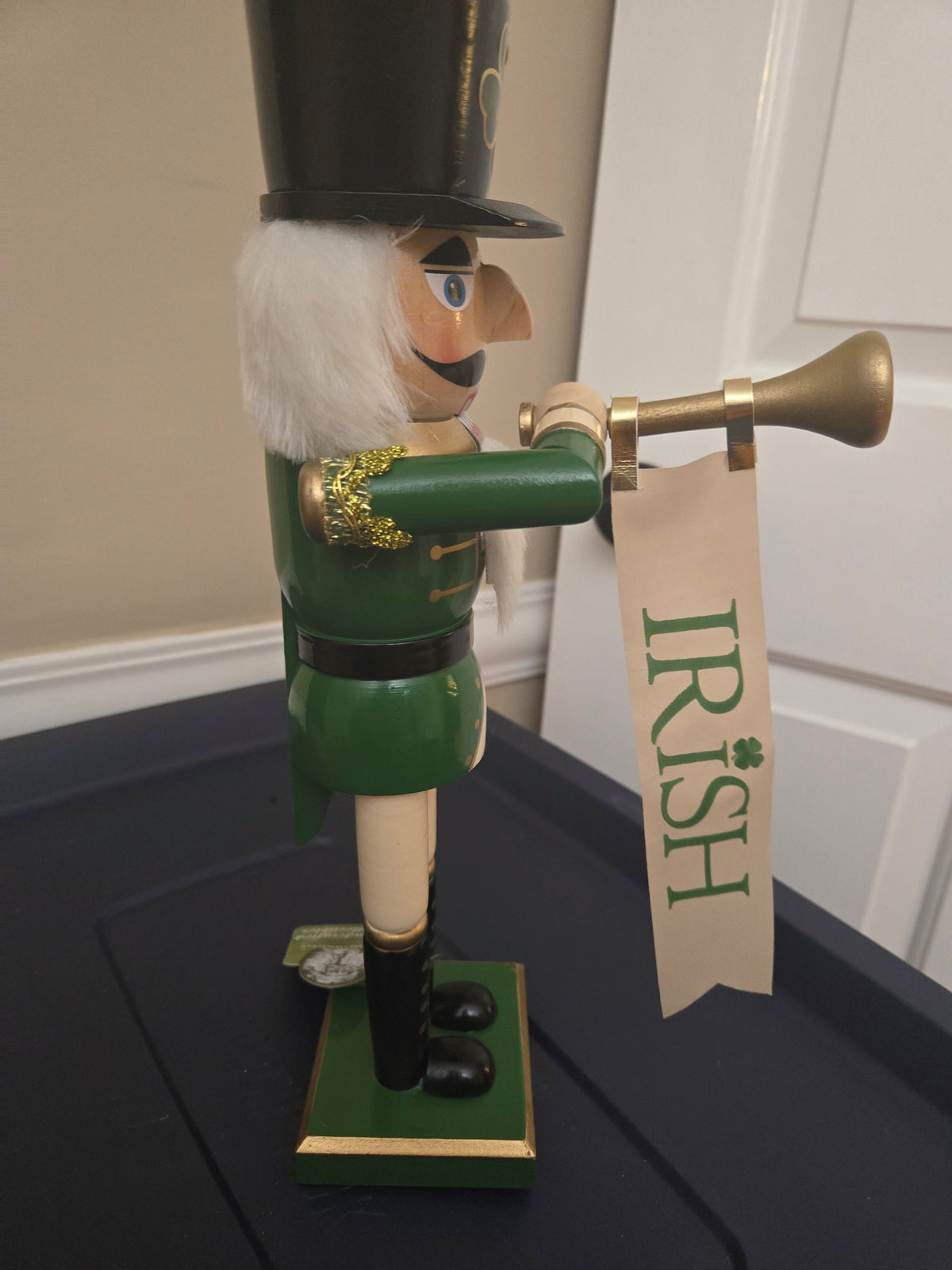 14 Inch Irish Pride Nutcracker Soldier Statue, Shamrock Top Hat, Bugle Player, Mantel Accent