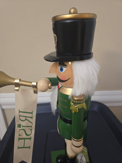 14 Inch Irish Pride Nutcracker Soldier Statue, Shamrock Top Hat, Bugle Player, Mantel Accent