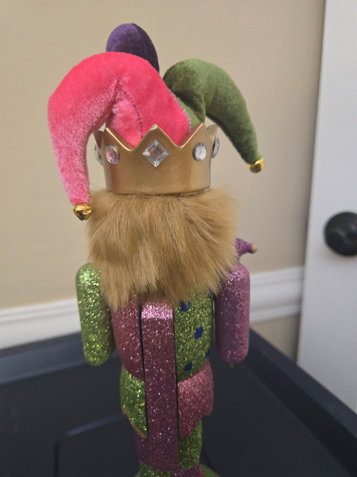 Mardi Gras Jester Wooden Nutcracker, 12 Inch Figurine, Velvet Hat, Glitter Carnival Decor