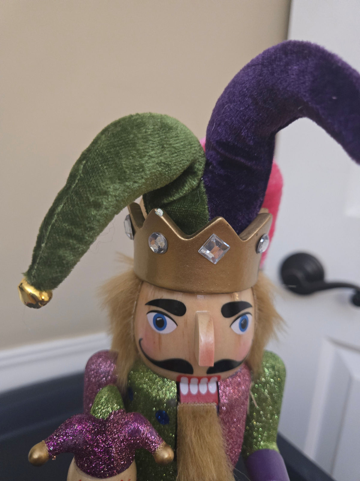 Mardi Gras Jester Wooden Nutcracker, 12 Inch Figurine, Velvet Hat, Glitter Carnival Decor