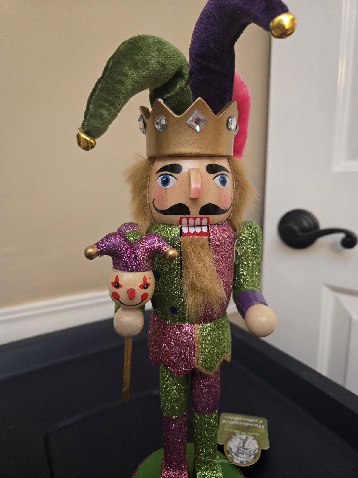 Mardi Gras Jester Wooden Nutcracker, 12 Inch Figurine, Velvet Hat, Glitter Carnival Decor