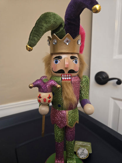 Mardi Gras Jester Wooden Nutcracker, 12 Inch Figurine, Velvet Hat, Glitter Carnival Decor