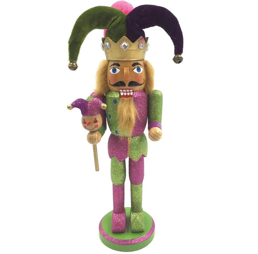 Mardi Gras Jester Wooden Nutcracker, 12 Inch Figurine, Velvet Hat, Glitter Carnival Decor