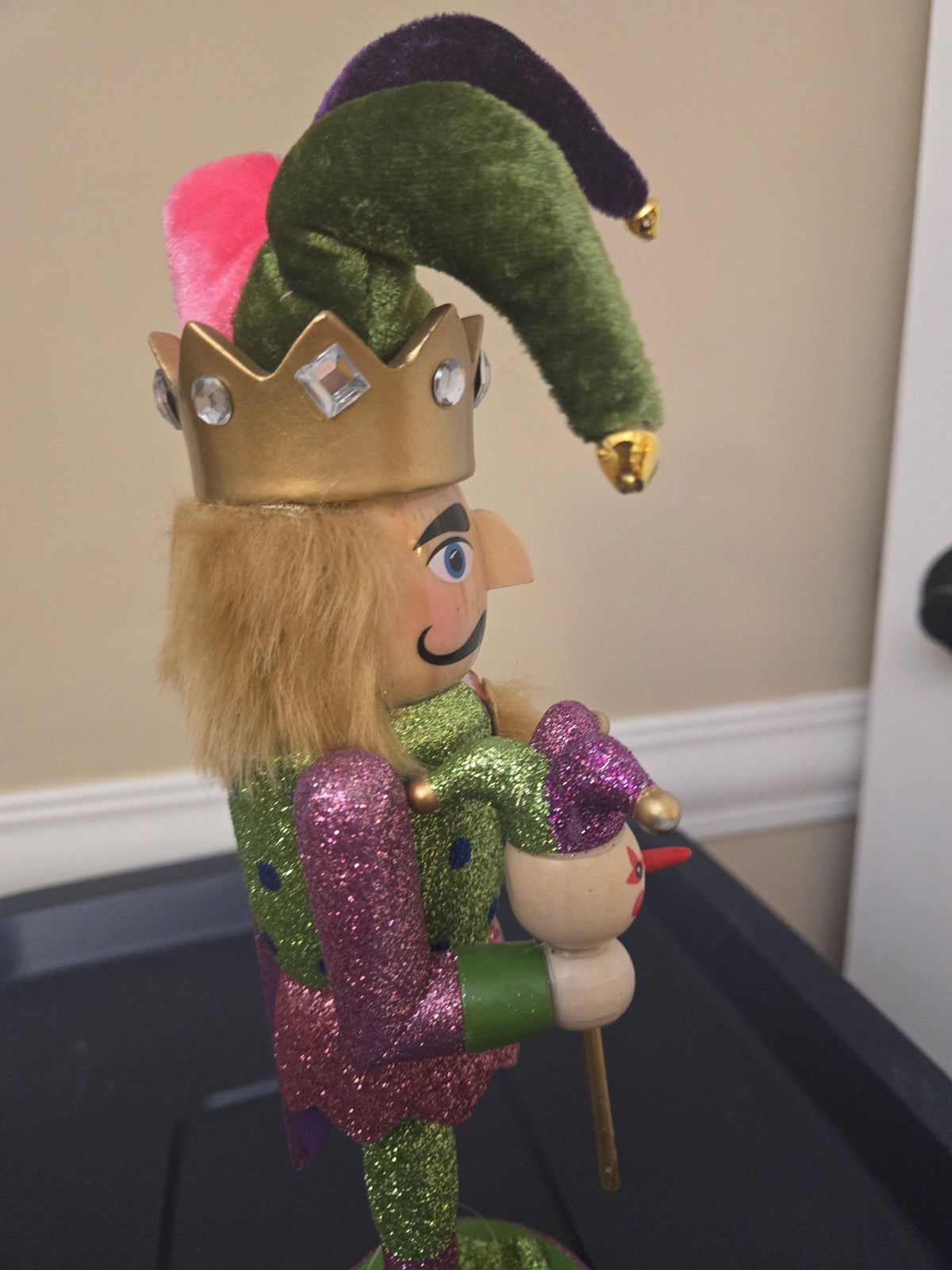 Mardi Gras Jester Wooden Nutcracker, 12 Inch Figurine, Velvet Hat, Glitter Carnival Decor
