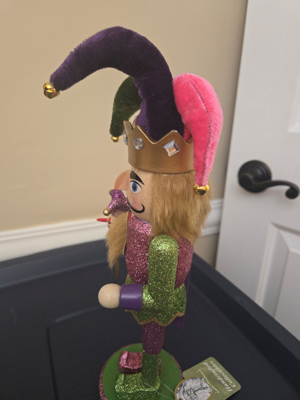 Mardi Gras Jester Wooden Nutcracker, 12 Inch Figurine, Velvet Hat, Glitter Carnival Decor