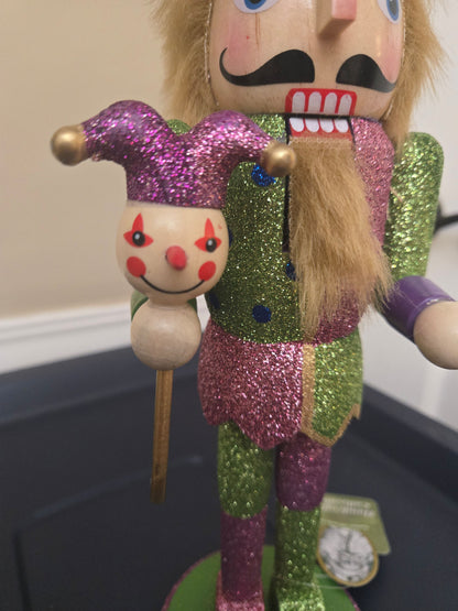 Mardi Gras Jester Wooden Nutcracker, 12 Inch Figurine, Velvet Hat, Glitter Carnival Decor