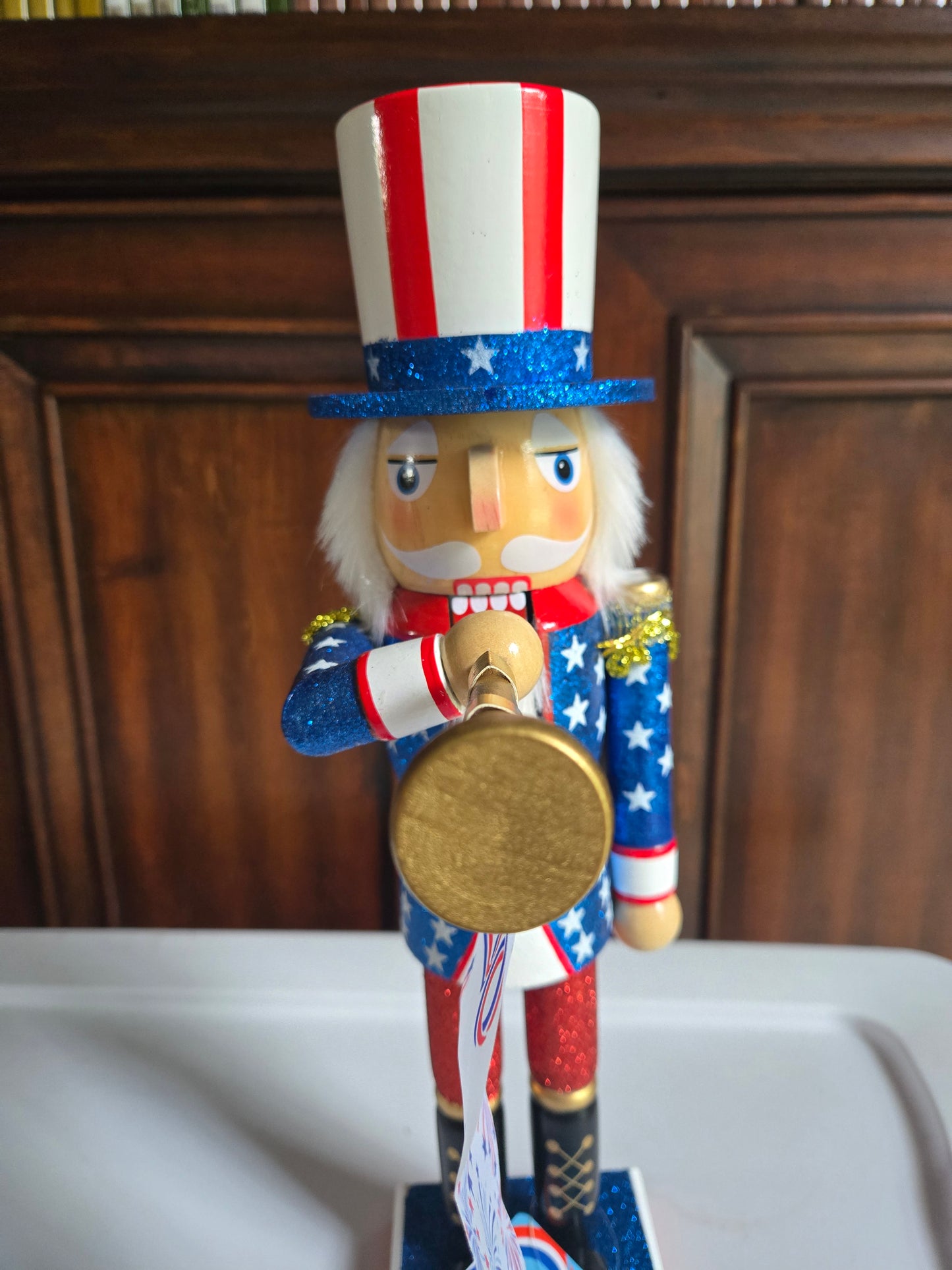 Patriotic Bugle Nutcracker, America 250 Semiquincentennial, Red White Blue Decor