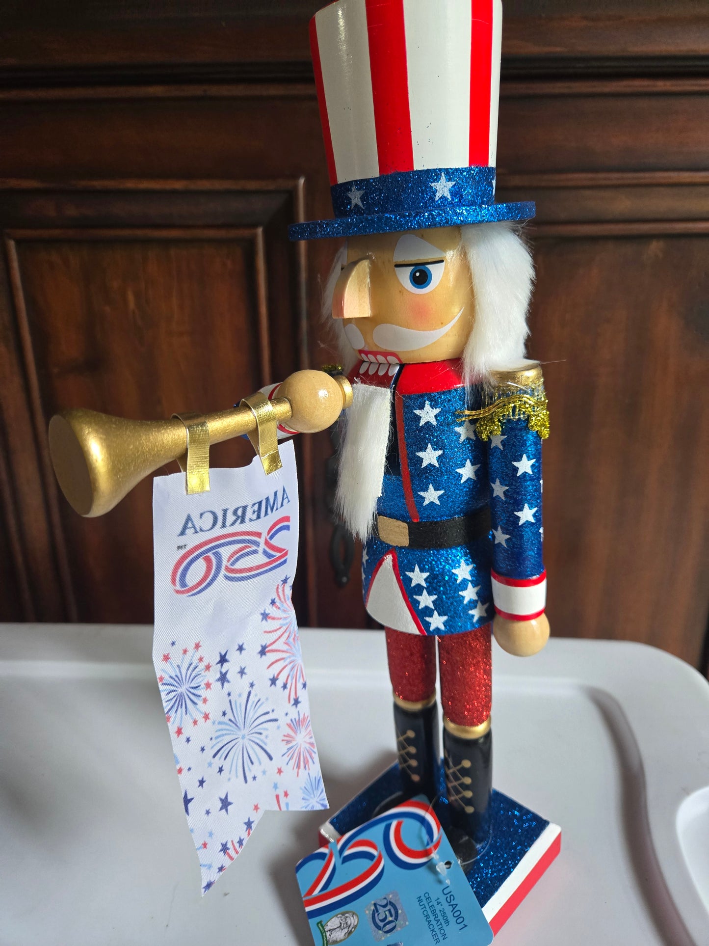 Patriotic Bugle Nutcracker, America 250 Semiquincentennial, Red White Blue Decor