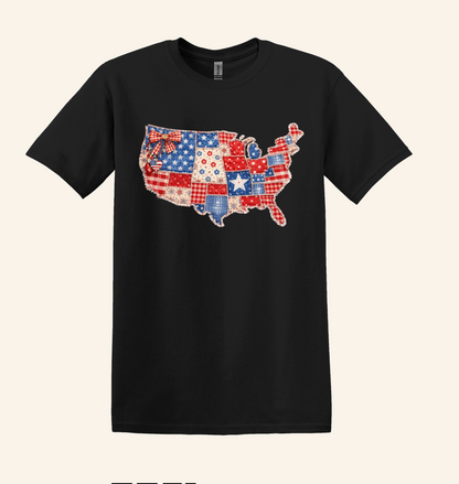 Americana Faux Patchwork USA Map Top, Patriotic July 4th T-Shirt