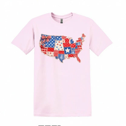Americana Faux Patchwork USA Map Top, Patriotic July 4th T-Shirt