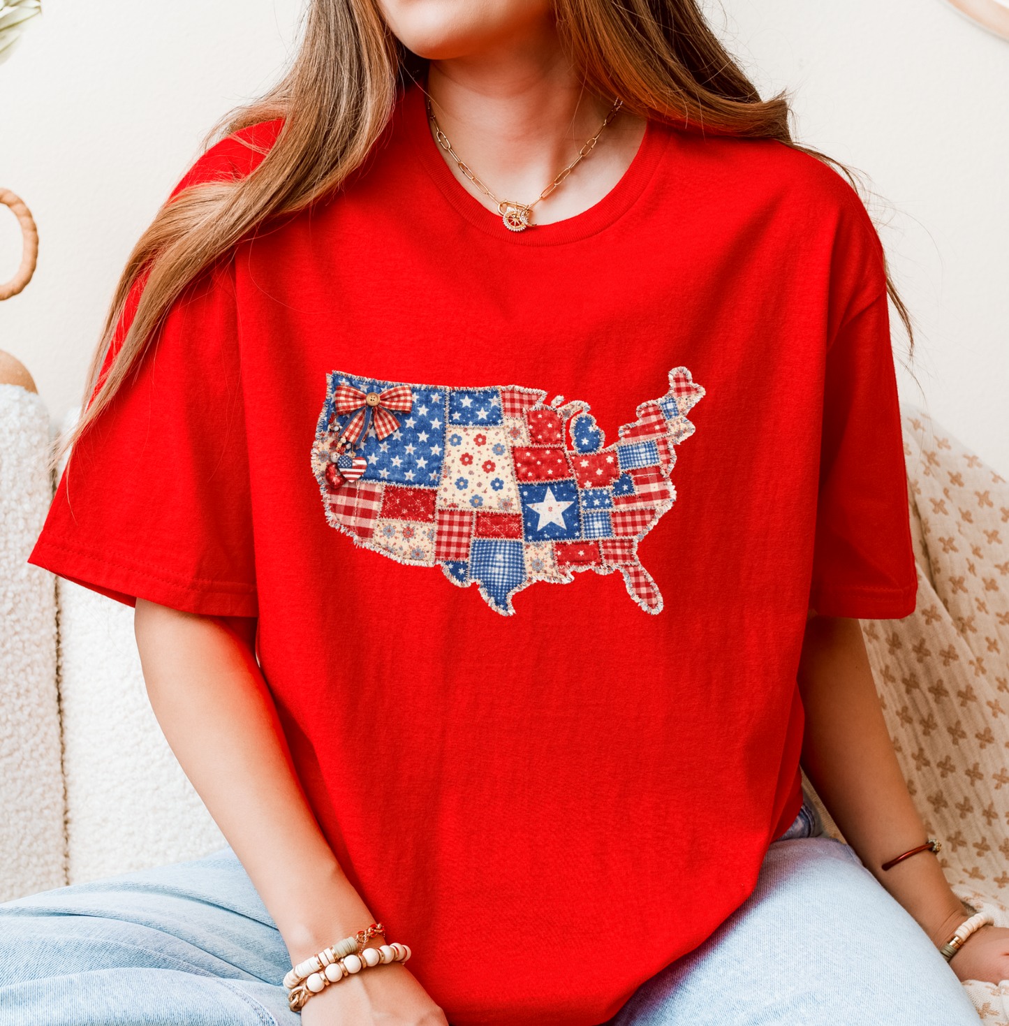 Americana Faux Patchwork USA Map Top, Patriotic July 4th T-Shirt