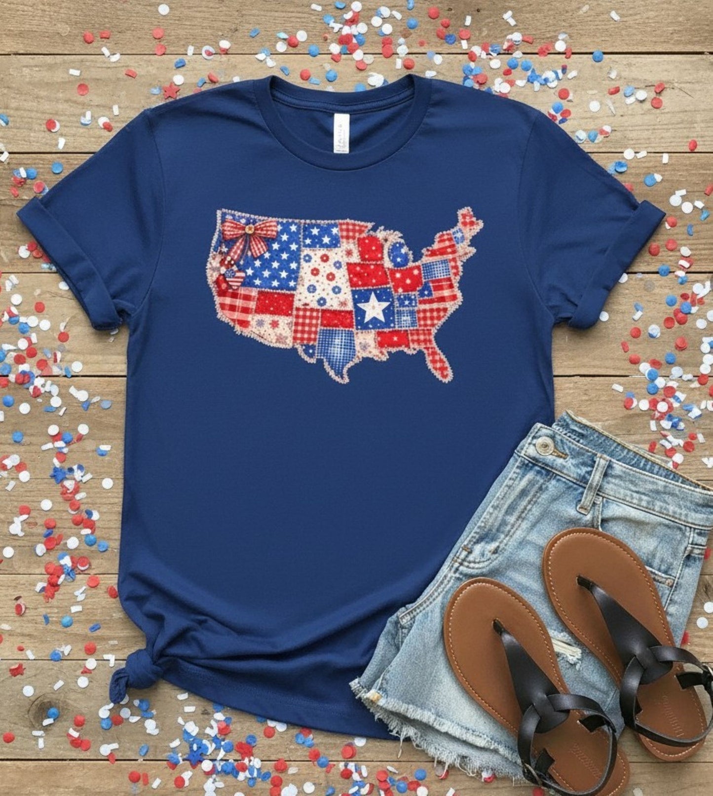 Americana Faux Patchwork USA Map Top, Patriotic July 4th T-Shirt