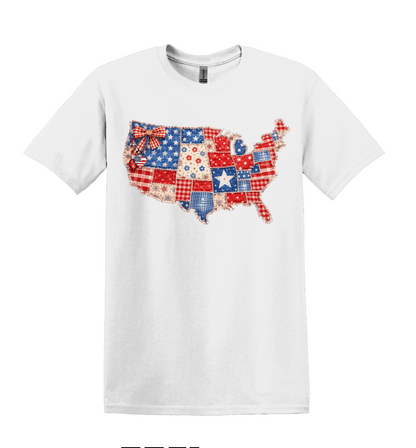 Americana Faux Patchwork USA Map Top, Patriotic July 4th T-Shirt