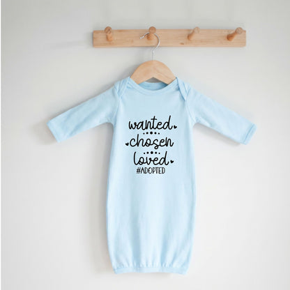 Newborn Sleep Sack, Wanted Chosen Loved, Soft Cotton, Adoption Announcement Layette