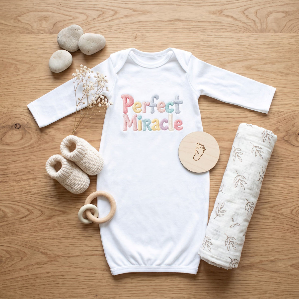 Layette Long Sleeve Newborn Size Only, Faux Knit Graphic, Infant Gown, Baby Shower Present