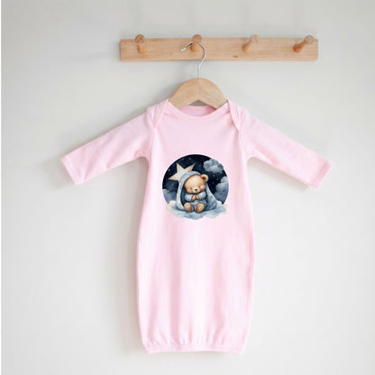 Sleepy Bear Baby Gown, Cotton Knit, Fold-Over Mitten Cuffs, Newborn Essential