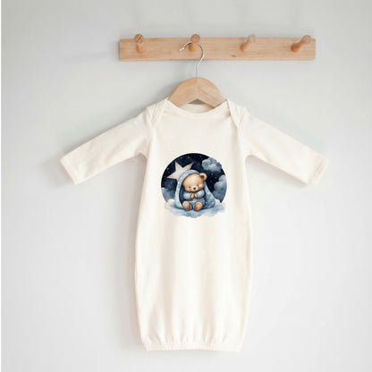 Sleepy Bear Baby Gown, Cotton Knit, Fold-Over Mitten Cuffs, Newborn Essential