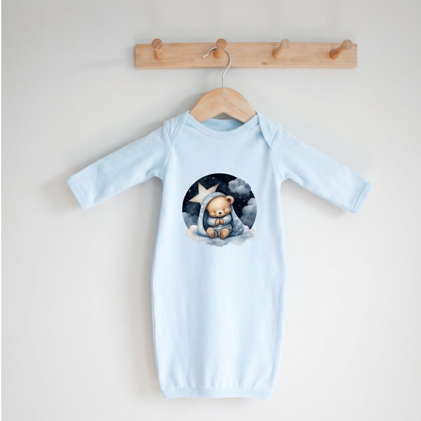 Sleepy Bear Baby Gown, Cotton Knit, Fold-Over Mitten Cuffs, Newborn Essential