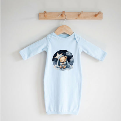 Sleepy Bear Baby Gown, Cotton Knit, Fold-Over Mitten Cuffs, Newborn Essential