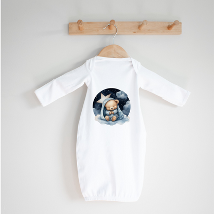 Sleepy Bear Baby Gown, Cotton Knit, Fold-Over Mitten Cuffs, Newborn Essential