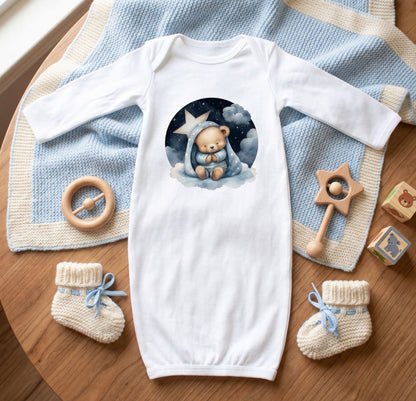 Sleepy Bear Baby Gown, Cotton Knit, Fold-Over Mitten Cuffs, Newborn Essential