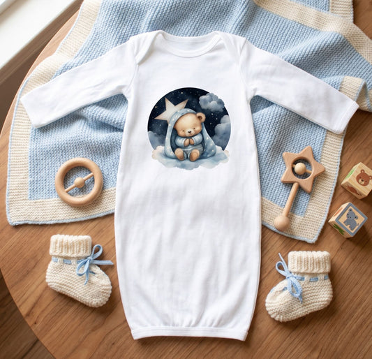 Sleepy Bear Baby Gown, Cotton Knit, Fold-Over Mitten Cuffs, Newborn Essential