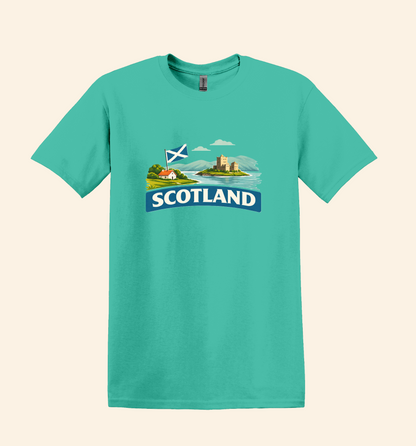 Scotland Travel Shirt, Scottish Flag Tee, Souvenir, UK Landscape Graphic Tee,