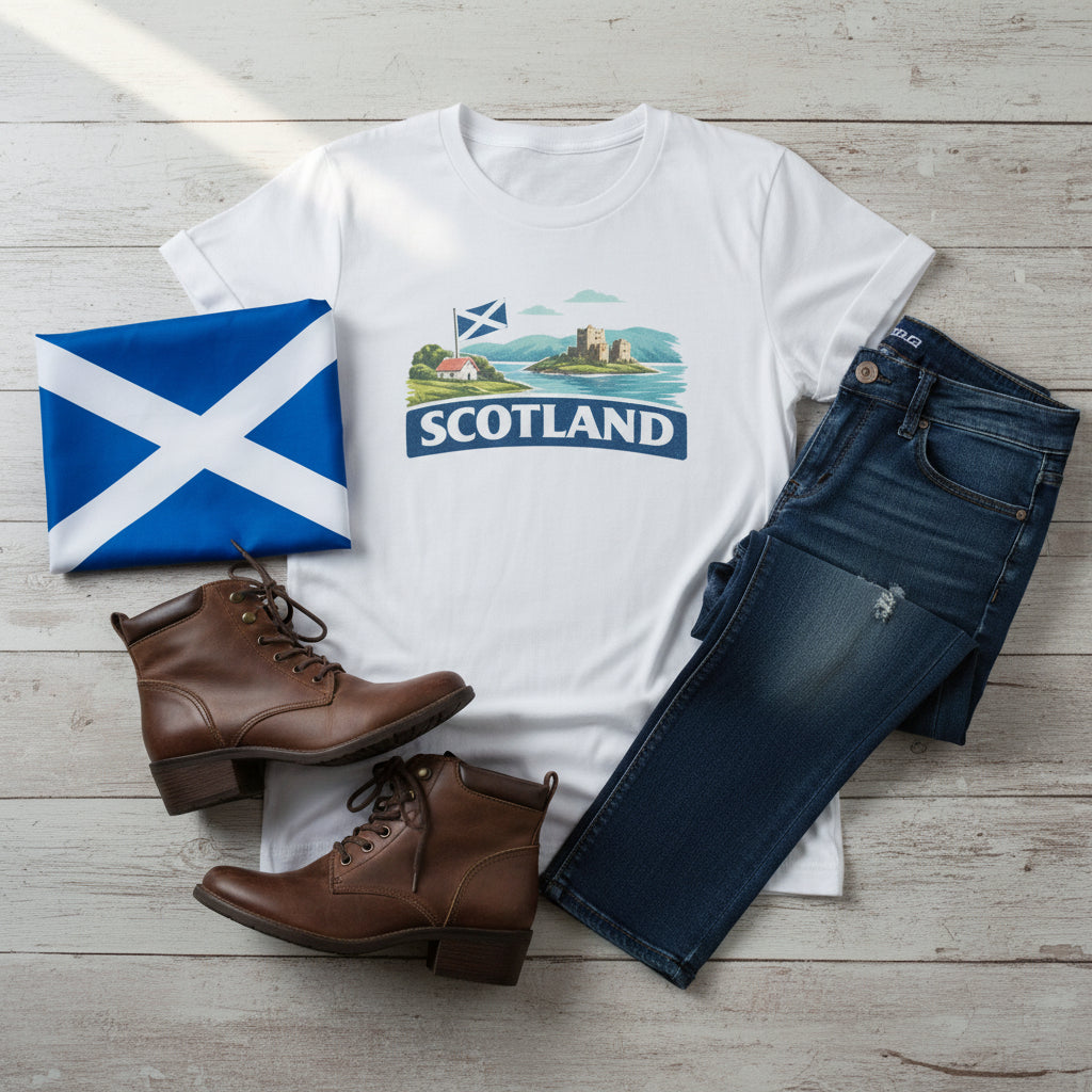 Scotland Travel Shirt, Scottish Flag Tee, Souvenir, UK Landscape Graphic Tee,