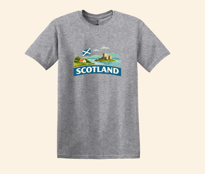 Scotland Travel Shirt, Scottish Flag Tee, Souvenir, UK Landscape Graphic Tee,