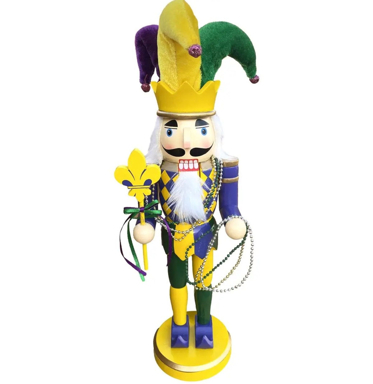Mardi Gras Jester Nutcracker | Purple Green Gold Decor | Fleur-de-Lis Staff + Beads | Carnival / Louisiana Decor