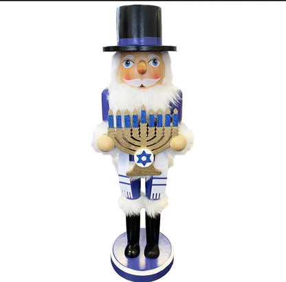 14-inch Rabbi Nutcracker, Hanukkah Menorah Decor, Blue White Holiday Display, Judaica Accent