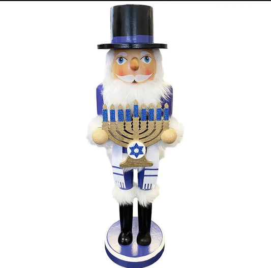 14-inch Rabbi Nutcracker, Hanukkah Menorah Decor, Blue White Holiday Display, Judaica Accent