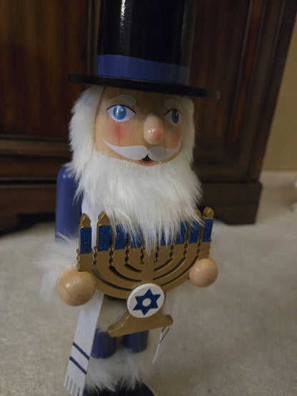 14-inch Rabbi Nutcracker, Hanukkah Menorah Decor, Blue White Holiday Display, Judaica Accent