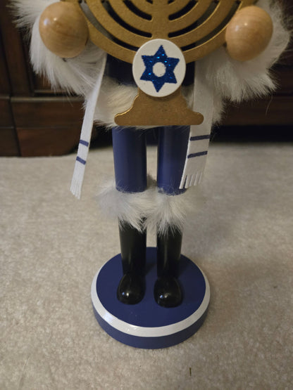 14-inch Rabbi Nutcracker, Hanukkah Menorah Decor, Blue White Holiday Display, Judaica Accent