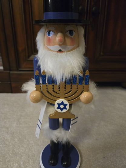 14-inch Rabbi Nutcracker, Hanukkah Menorah Decor, Blue White Holiday Display, Judaica Accent